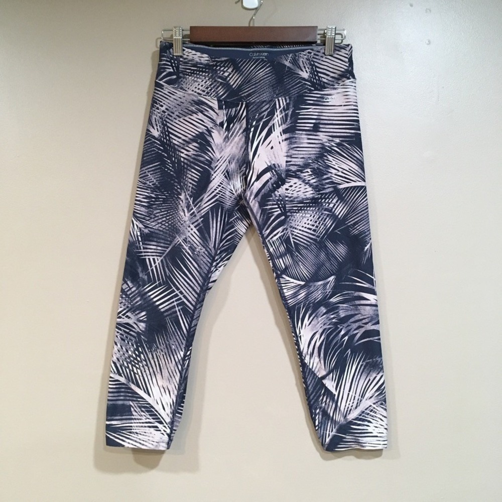 Calvin Klein Ruched Crop Leggings Womens M Navy‎ Blue Tropical Palm Workout Gym